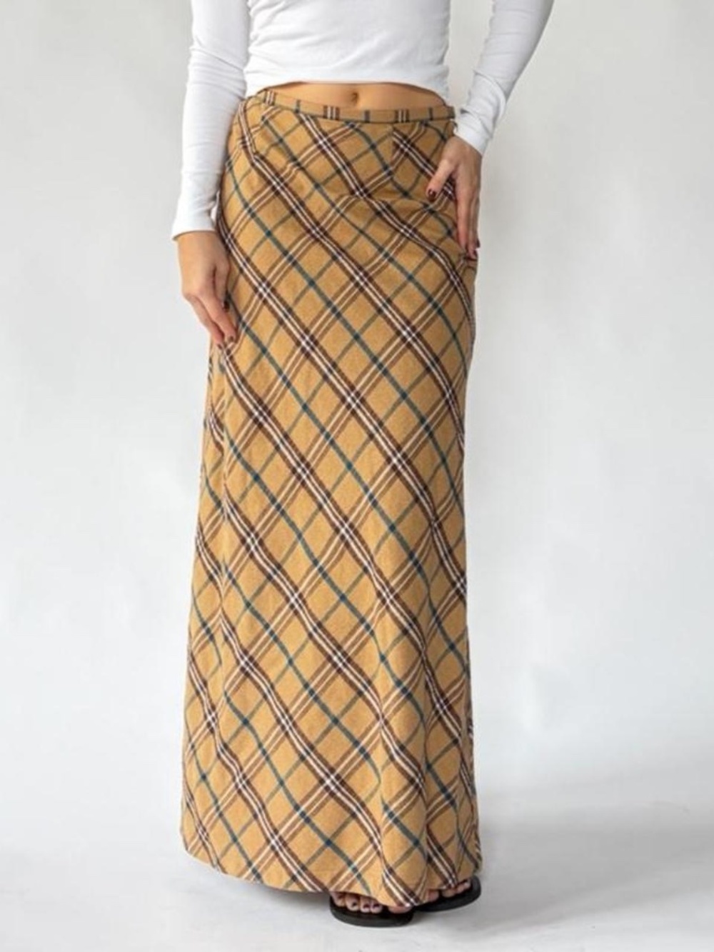Plaid Maxi Skirt Tan Autumn Cotton 10